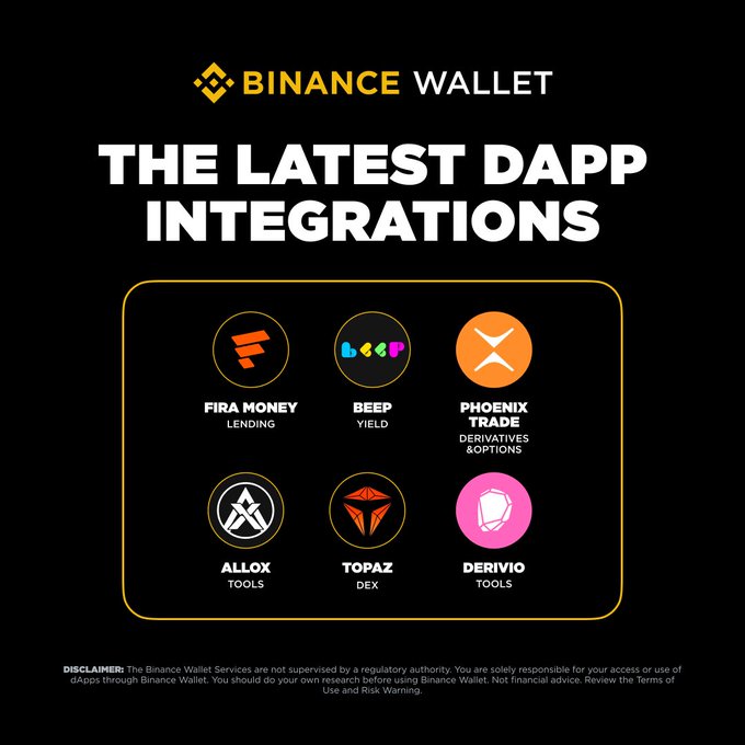 Binance Wallet promotional graphic showcasing the latest dApp integrations: Fira Money (Lending), Beep (Yield), Phoenix Trade (Derivatives & Options), Allox (Tools), Topaz (DEX), and Derivio (Tools).