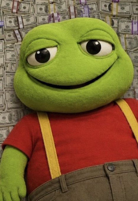 A meme image of a Pepe the Frog plush character wearing a red shirt and yellow suspenders, reclining against a wall covered in stacks of US dollar bills.