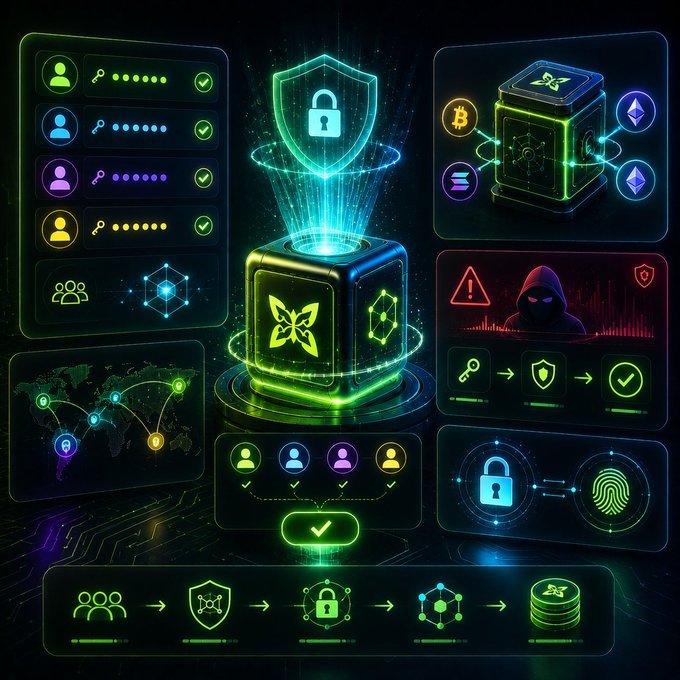 ersatz 3D rendering of a digital security system, featuring a green cube with a blue shield and a green butterfly, accompanied by icons for "Password", "Encryption", "RSA Keys", and "Fingerprint"