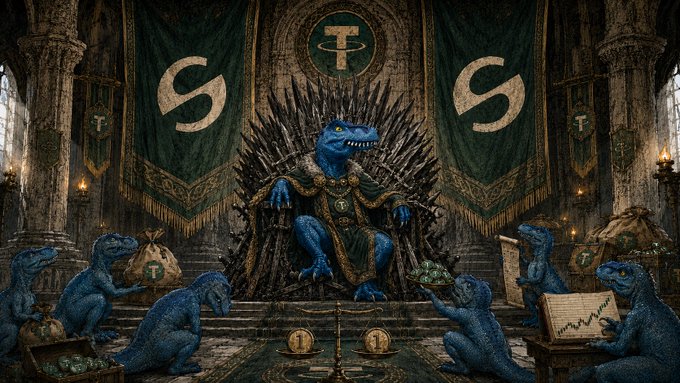 A blue T-Rex sits upon a throne of swords adorned with the "T" logo, surrounded by smaller dinosaurs counting stacks of gold coins and studying charts marked with the Tether "T" symbol, evoking a Game of Thrones-style coronation scene that visually embodies FEFER's grand titles as the ruling monarch of Tether's stablecoin empire.
