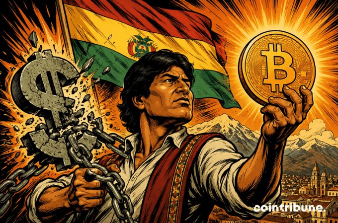 The image is a stylized illustration of a Bolivian man holding a golden Bitcoin coin aloft in one hand while breaking dollar chains with the other, set against the Bolivian flag and Andean mountain backdrop, with the "cointribune" logo in the corner.

The artwork visually reinforces the post's narrative by depicting Bolivia's monetary liberation—shattering the chains of its 15-year dollar peg to embrace Bitcoin as a potential new financial frontier, symbolizing both the break from dollar dependency and the dawn of a crypto-powered economic future.