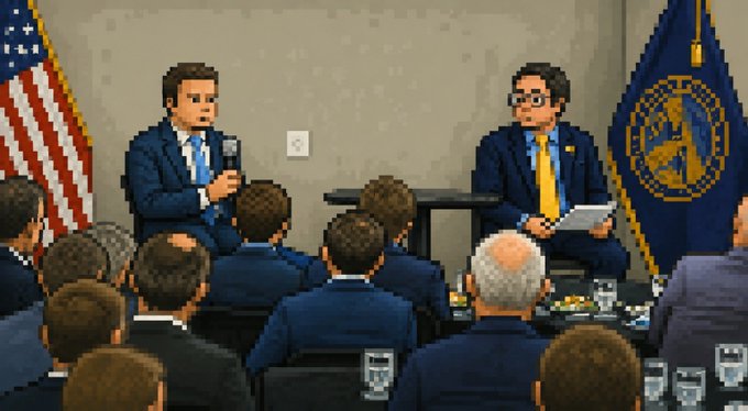 A pixel-art scene depicts two men in suits at a formal panel discussion, with one holding a microphone and the other holding papers, set against an American flag and a government seal, while an audience watches from the foreground. The image illustrates the CFTC's Innovation Advisory Committee meeting, where Chairman Selig announced plans to address prediction markets and crypto market structure on August 20.