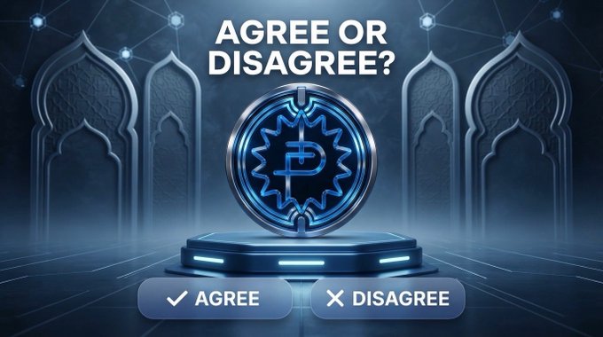 An "AGREE OR DISAGREE?" interactive graphic featuring a glowing Pi coin emblem on a pedestal with ornate archway designs, and AGREE/DISAGREE buttons at the bottom.
