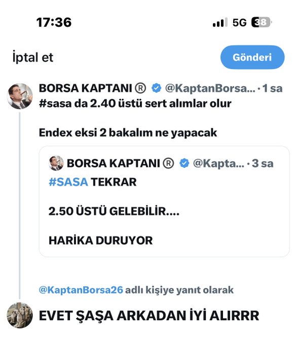 A Turkish Twitter/X screenshot showing tweets from @KaptanBorsa discussing $SASA stock, with commentary like '#sasa da 2.40 üstü sert alımlar olur', '2.50 ÜSTÜ GELEBİLİR.... HARİKA DURUYOR', and a reply 'EVET ŞAŞA ARKADAN İYİ ALIRRR'.