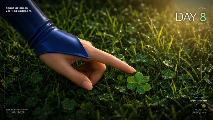 A hand points to a small four-leaf clover in dewy grass, with overlay text reading "DAY 8 ROOTED," "PROOF OF GRASS verified outdoors," "DATE OF CERTIFICATION: JUL 06, 2026," and "CERTIFIED BY: touch grass," reinforcing the post's theme of "Day 8" proof of grass certification for the $TOUCHGRASS project.
