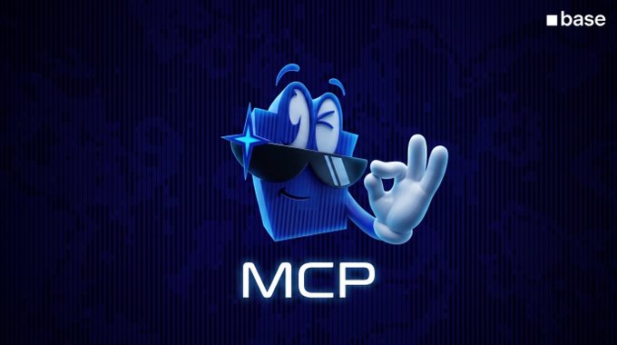 A blue, cartoon-style mascot wearing sunglasses makes an "OK" hand gesture above the bold text "MCP," with the Coinbase Base logo in the top right corner. The playful imagery of a cool, approachable character matches Base's announcement about their MCP enabling AI assistants to interact with Base accounts on users' behalf.