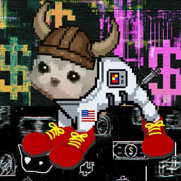 The same pixel art cat in a horned helmet and red boxing gloves, now holding a syringe labeled 'PEPTIDES' and a dollar bill, displayed against a pink dollar sign background.