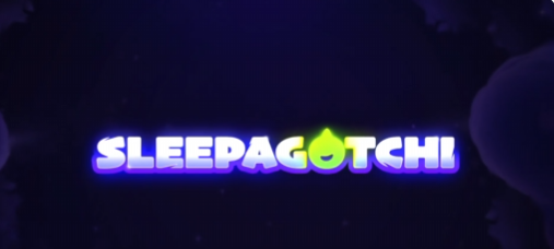 A stylized, glowing neon logo reads "SLEEPAGOTCHI" in purple letters with a green flame icon replacing the 'O', set against a dark, cloudy background.