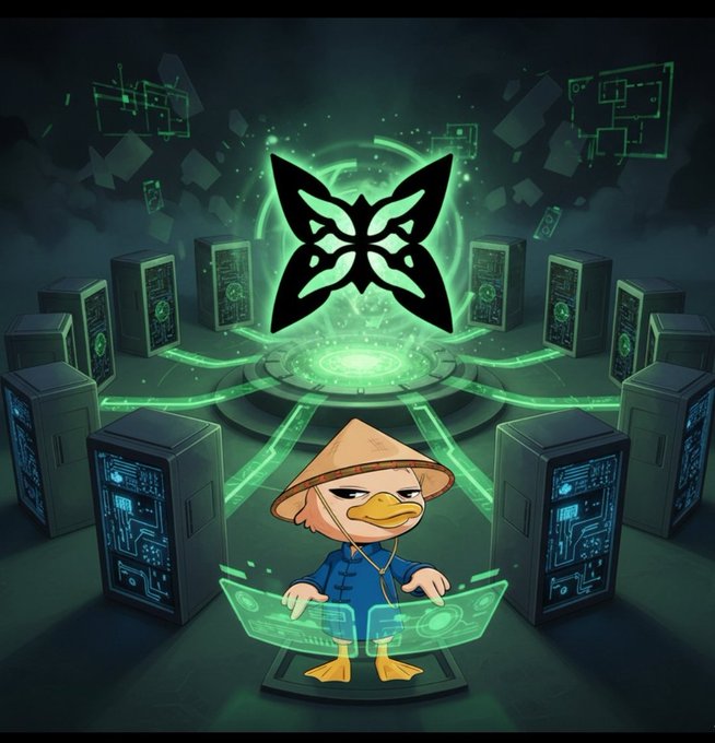 A cartoon duck wearing a conical hat and blue traditional clothing stands at glowing green consoles in front of a large green butterfly emblem surrounded by server towers.