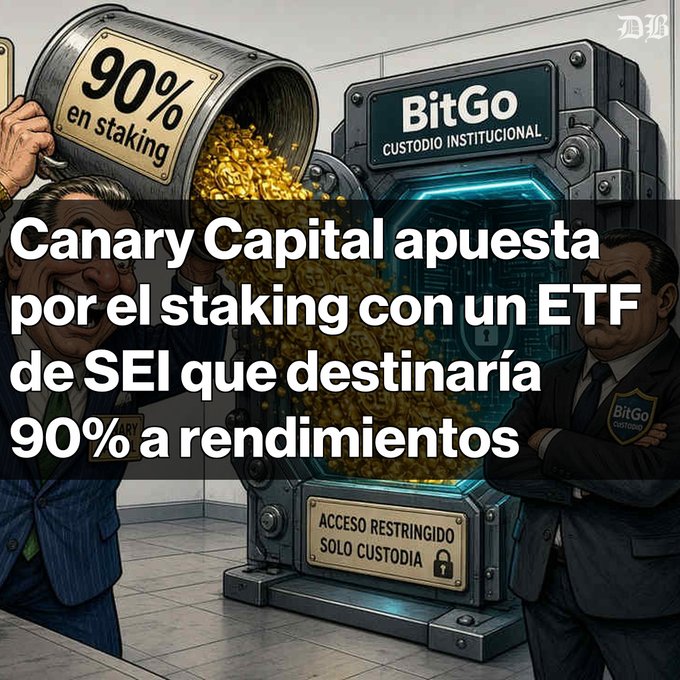 A cartoon-style illustration shows a vault labeled "BitGo CUSTODIO INSTITUCIONAL" and "ACCESO RESTRINGIDO SOLO CUSTODIA" with a bucket pouring gold coins marked "90% en staking," overlaid with Spanish text: "Canary Capital apuesta por el staking con un ETF de SEI que destinaría 90% a rendimientos."