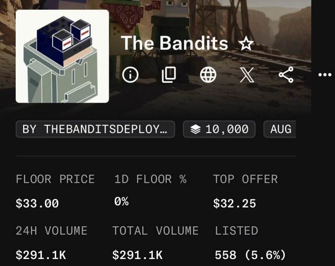 A digital marketplace listing for 'The Bandits' NFT collection by thebanditsdeploy, showing a floor price of $33.00, 558 listed, and 24H volume of $291.1K.