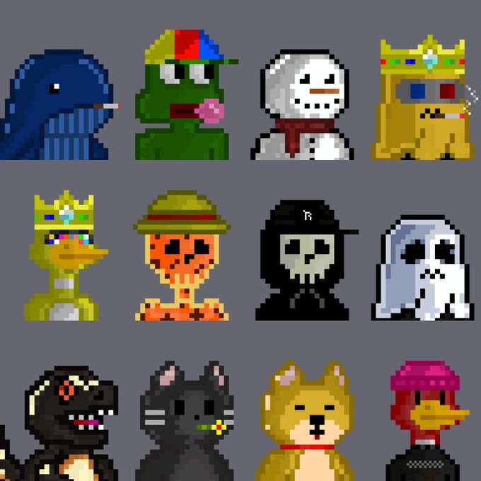 A pixel art collection of 12 character NFTs arranged in a 3x4 grid, featuring various designs including a whale, frog, snowman, crown-wearing figure, bird, pumpkin-headed character, grim reaper, ghost, dog, cat, doge, and duck with a pink hat. The image likely showcases the variety of NFT characters available in the Rock Guardians collection, which the community has chosen to launch on the Ethereum network with hashtags #ETH, #ROCKATERAL, #Rockguardians, #CRYPTO, and #NFTS.