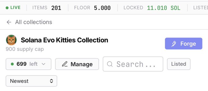 The image shows a Meld Terminal interface for the "Solana Evo Kitties Collection" (900 supply cap), displaying a live collection with 201 items, a floor price of 5.000 SOL, and 11.010 SOL locked, with 699 NFTs still available to mint. This aligns with the post promoting the public minting of Solana Evo Kitties on @MeldTerminal as a new narrative for traders to engage with.