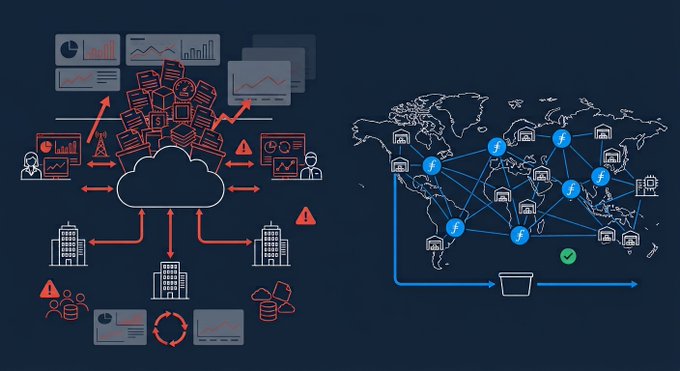 The image contrasts two data center models: a centralized hyperscale facility represented by a cloud with documents and warning icons on the left, versus a decentralized network of distributed nodes (marked with "f" logos) connected across a world map on the right, with data flowing into a storage container. This visual directly illustrates Filecoin's positioning against the $245 billion hyperscale market by emphasizing its distributed architecture spanning many independent sites rather than concentrating operations in single massive campuses.
