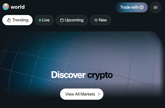 The image shows the homepage of World Prediction Market featuring navigation tabs (Trending, Live, Upcoming, New), a "Trade with" button, and a "Discover crypto" banner with a "View All Markets" call-to-action. It serves as a promotional visual for the World.xyz platform, inviting users to connect their Solana wallets and start trading on YES/NO prediction markets across various categories like sports, crypto, and politics.