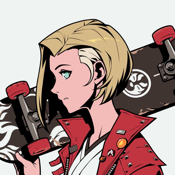 An anime-style illustration of a blonde character in a red spiked jacket carrying a skateboard with red wheels.