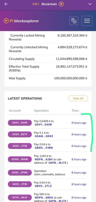 A screenshot of the Pi blockchain explorer displays supply metrics—including 11,044,895,598.068 π circulating supply and 100,000,000,000.000 π max supply—alongside a list of the latest operations all timestamped "8 hours ago," supporting the claim that transaction activity appeared stalled.