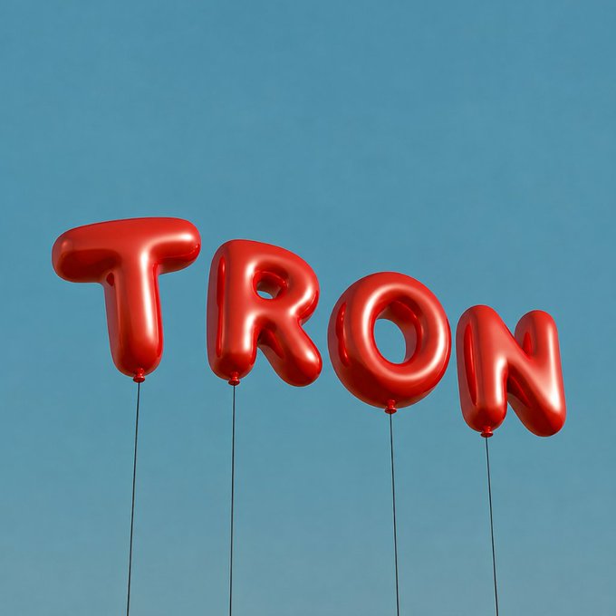 Red balloon letters spelling 'TRON' floating against a blue sky background.