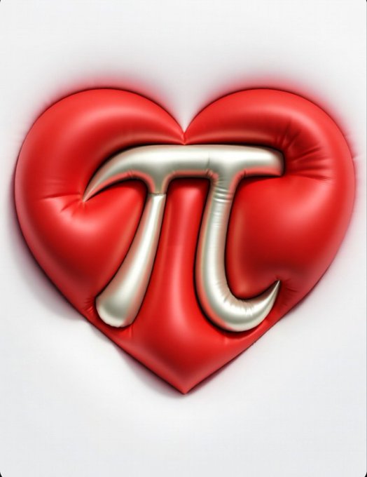 A 3D-rendered red heart with a metallic Pi (π) cryptocurrency symbol embedded in its center.