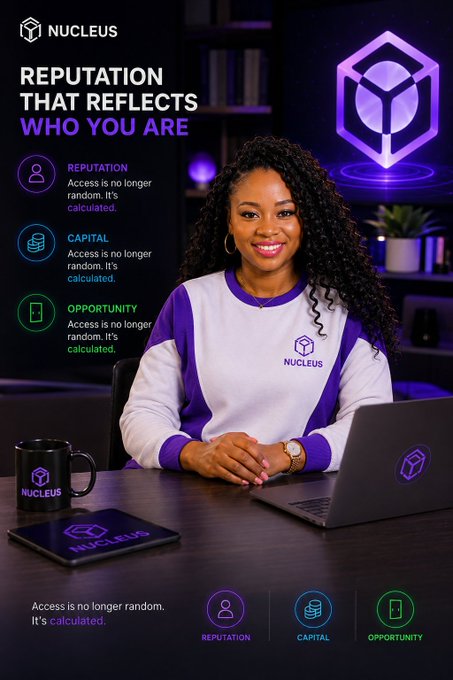 A smiling woman wearing a "NUCLEUS" branded sweatshirt sits at a desk with a laptop and branded mug in front of a purple neon logo backdrop, alongside text reading "REPUTATION THAT REFLECTS WHO YOU ARE" and "Access is no longer random. It's calculated," highlighting the three pillars: Reputation, Capital, and Opportunity. The image visually supports the post's theme about Nucleus building reputation-based systems in Web3, aligning with the message that real contribution matters more than attention.