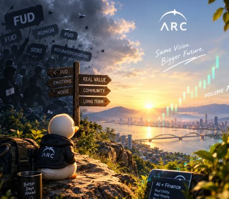 Digital artwork for ARC showing a small character with an ARC backpack overlooking a city at sunset, with directional signs reading 'FUD', 'RUMOR', 'REAL VALUE', 'COMMUNITY', and 'LONG TERM', alongside text 'Same Vision. Bigger Future.'