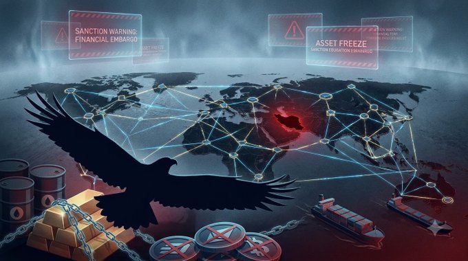 A digital illustration showing a stylized black eagle silhouette flying over a world map with glowing network connections, cargo ships, oil barrels, and gold bars, with warning text overlays reading 'SANCTION WARNING FINANCIAL EMBARGO' and 'ASSET FREEZE SANCTION ENFORCEMENT'.