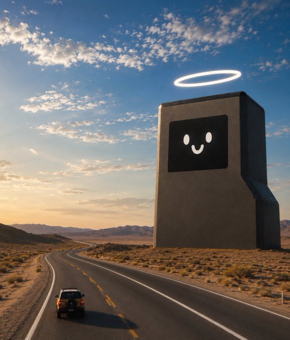 A massive monolith with a smiley face and an angelic halo towers over a desert highway as a small car drives past, visually amplifying the excitement of "$PRINTER is HUGEE" with its monumental scale and cheerful imagery.