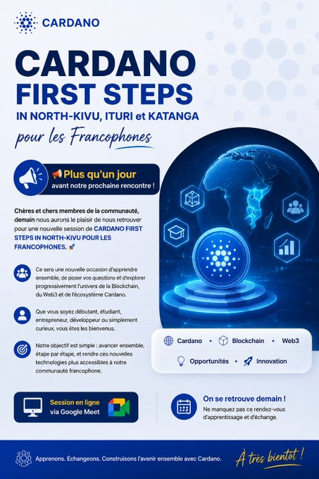 A promotional poster in French for a Cardano blockchain educational session titled 'CARDANO FIRST STEPS in North-Kivu, Ituri et Katanga pour les Francophones', inviting the French-speaking community to a new meetup before the next reunion.