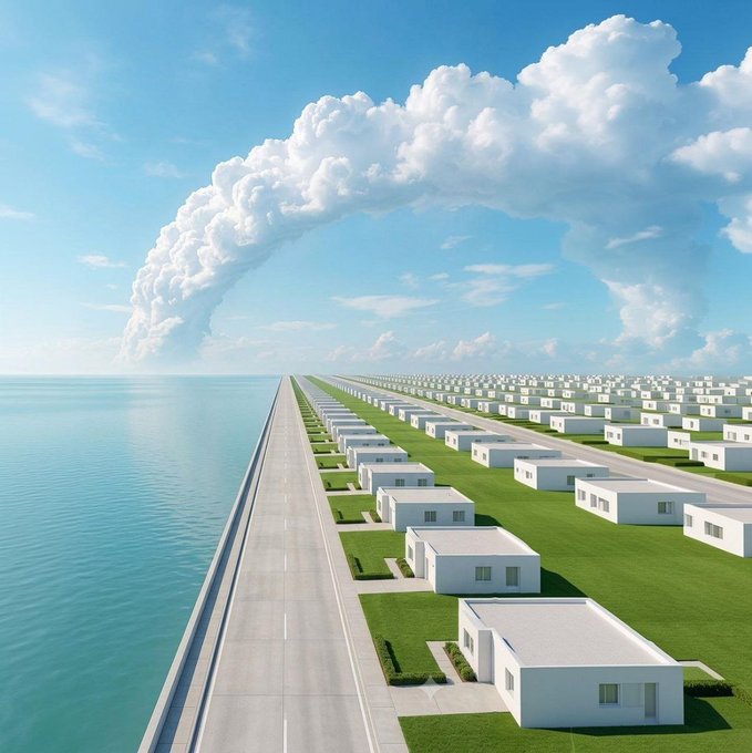 A surreal landscape featuring a vast grid of identical white houses stretching along a coastline beside blue water, with a dramatic plume of smoke rising into the cloudy sky.