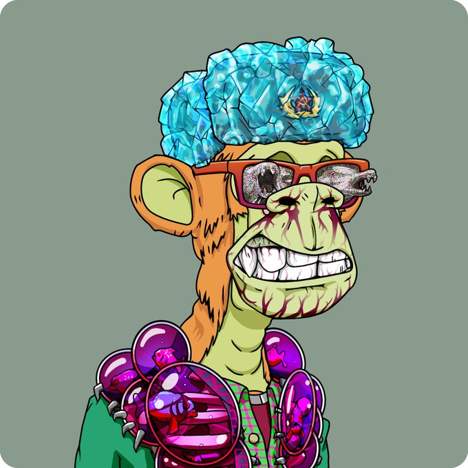 A Mutant Ape Yacht Club NFT (#29158) featuring a turquoise fur hat with a golden crest, red sunglasses, and a green zombie-like ape face with exposed teeth, priced at 1.096 ETH.

The image directly depicts the "Mutant" NFT from the collection being discussed in the post, showcasing its distinctive traits (fur hat, sunglasses, zombie appearance) that make it part of the hyped Mutant Ape Yacht Club series.