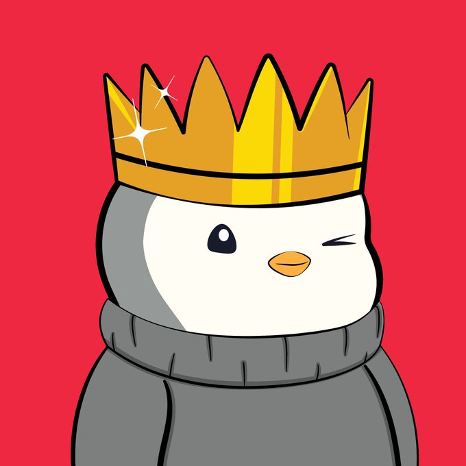 A cartoon penguin wearing a gray sweater and a shiny gold crown, winking against a red background.