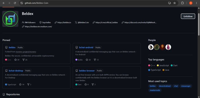 A GitHub organization page for 'Beldex', displaying pinned repositories including 'beldex', 'bchat-android', 'bchat-desktop', and 'beldex-browser', described as a secure, confidential, untraceable cryptocurrency.