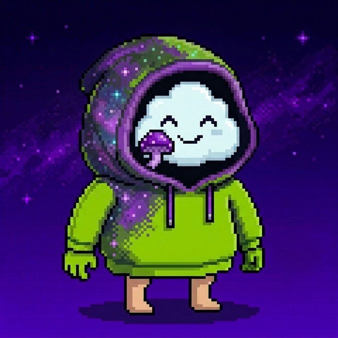 Pixel art of a cute white round character wearing a green hoodie with a galaxy-patterned hood, holding a small purple mushroom against a starry purple background.