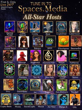 A promotional graphic titled 'TUNE IN TO Spaces.Media All-Star Hosts' displays a grid of speaker portraits and usernames.