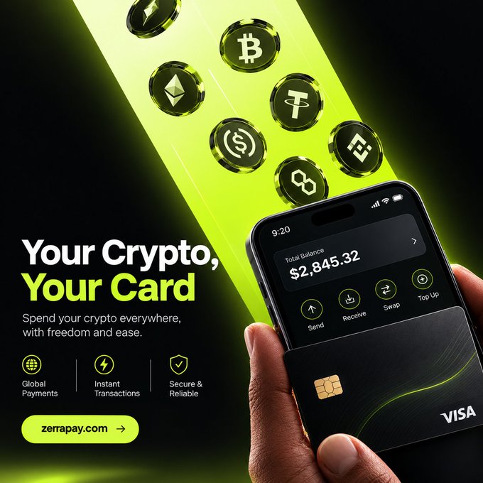 An advertisement for 'zerrapay' reading 'Your Crypto, Your Card' and 'Spend your crypto everywhere, with freedom and ease.', showing a smartphone displaying a balance of $2,845.32 alongside a Visa card and various cryptocurrency logos.