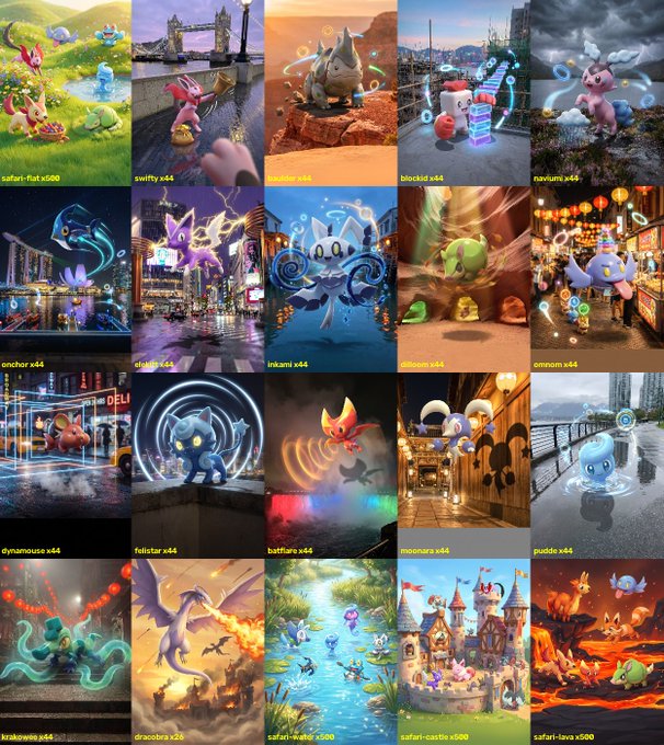 Grid of 20 colorful AI-generated Pokémon-style images including creatures like safari-flat x500, swifty x44, anchor x44, inkami x44, dynamaouse x44, fulistar x44, battflare x44, moonara x44, and safari-lava x500.