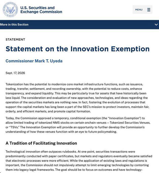 The image shows an official SEC statement titled "Statement on the Innovation Exemption" by Commissioner Mark T. Uyeda, dated September 17, 2026, announcing a temporary, conditional exemption allowing limited trading of tokenized NMS stocks on certain onchain venues called "Tokenized Securities Venues, or TSVs." This directly relates to the post by displaying the SEC's official announcement that grants the five-year conditional exemption enabling eligible venues to trade tokenized US stocks via permissioned AMMs and liquidity pools.