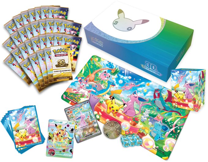 A Pokémon Celebrations Classic Collection box and trading cards, including booster packs, a promo Morpeko card, and accessories, displayed at a heavily inflated preorder markup of $600 versus the real price of $179.99.