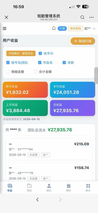 The image shows a Chinese short drama management system dashboard (短剧管理系统) displaying user earnings, with a total of ¥27,935.76 in cumulative earnings and individual daily/monthly earnings like ¥1,632.02 and ¥3,884.48. The competitor's earnings data shown—averaging roughly ¥200 per account per month (such as ¥215.09 and ¥156.74)—aligns with the post's claim about using a competitor's earnings chart to illustrate the roughly 200 yuan monthly average per account in the AI short drama industry.