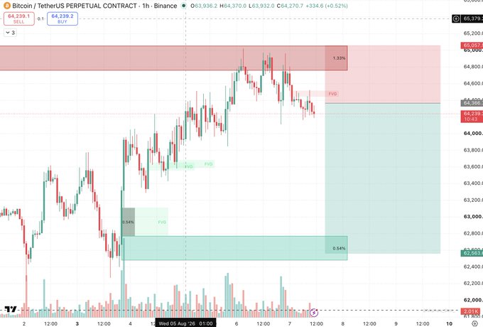 TradingView chart of Bitcoin/USDT perpetual contract on Binance, showing a 1-hour candle chart with a bullish 1.33% gain and FVG indicators marked.