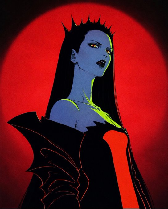 A stylized illustration depicts a regal, blue-skinned vampire queen with long black hair, golden eyes, and a spiked crown, set against a blood-red circular backdrop—evoking gothic themes of darkness and power. The image complements the post's message about darkness granting strength and daylight offering the opportunity to wield it.