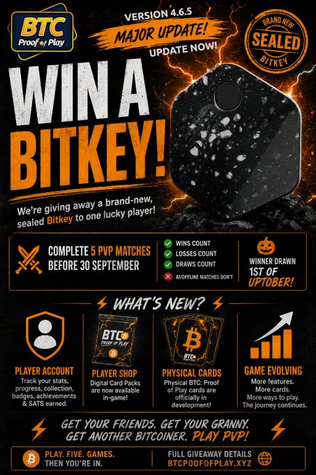 A promotional flyer for 'BTC Proof of Play' Version 4.6.5 update announcing a giveaway of a sealed 'BITKEY' to one lucky player who completes 5 PVP matches before September 30th.