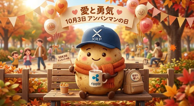 A cute cartoon potato mascot wearing a cap labeled 'XRP' and a 'ripple' mug sits on a park bench in an autumn setting, with a sign reading '10月3日 アンパンマンの日' and a banner stating '愛と勇気 10月3日 アンパンマンの日'.