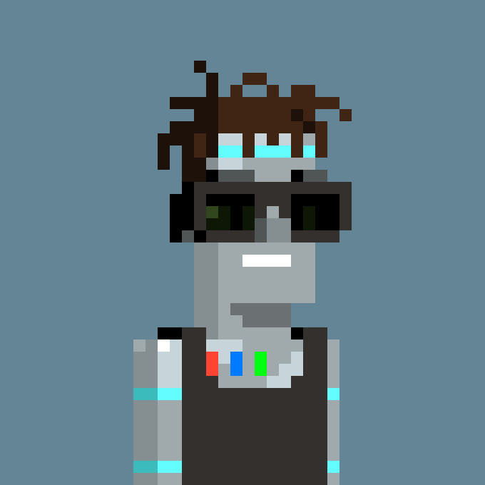 A pixel art portrait of a character with messy dark brown hair, wearing black sunglasses and a black top with colorful buttons, set against a blue-gray background.
