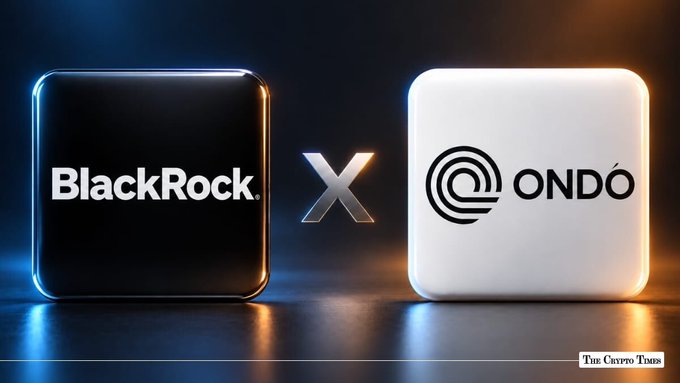 A graphic showing two rounded square logos side by side: BlackRock on a black tile and ONDO on a white tile, separated by an "X", indicating a partnership.