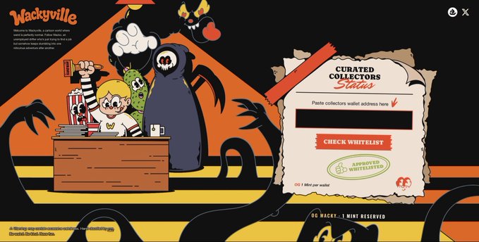 The image showcases the "Wackyville" curated collectors wallet checker interface, featuring cartoon characters at a popcorn stand with a wallet address input field and an "Approved Whitelist" stamp. It complements the post celebrating @wacky_ville's custom minting tool for @uyo66_'s 1/1 NFT collection.