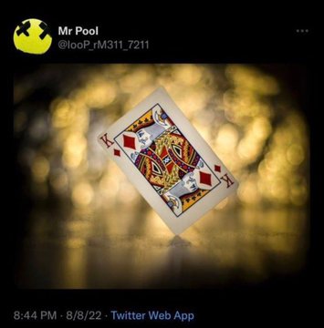 A tweet from "Mr Pool" (@loop_rM311_7211) features an image of the King of Diamonds playing card tilted at an angle against a bokeh gold background. The post suggests the USA holds an "ace up its sleeve" in the form of XRP, though the card pictured is actually a King, playing on the theme of holding a winning card against Russia and China.