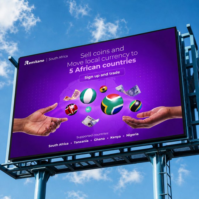A billboard advertisement for Remitano South Africa promoting selling coins and local currency across 5 African countries (South Africa, Tanzania, Ghana, Kenya, Nigeria).