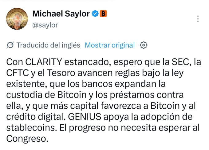 A tweet from Michael Saylor (@saylor) in Spanish discussing CLARITY, the SEC, CFTC, and Bitcoin custody and credit.
