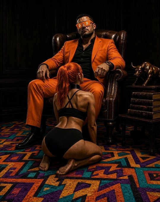A stylized photo featuring a muscular man in an orange suit wearing orange sunglasses with 'B' logos sitting in a leather chair, with a red-haired woman in a black outfit kneeling before him, with a bronze bull statue and books in the background.